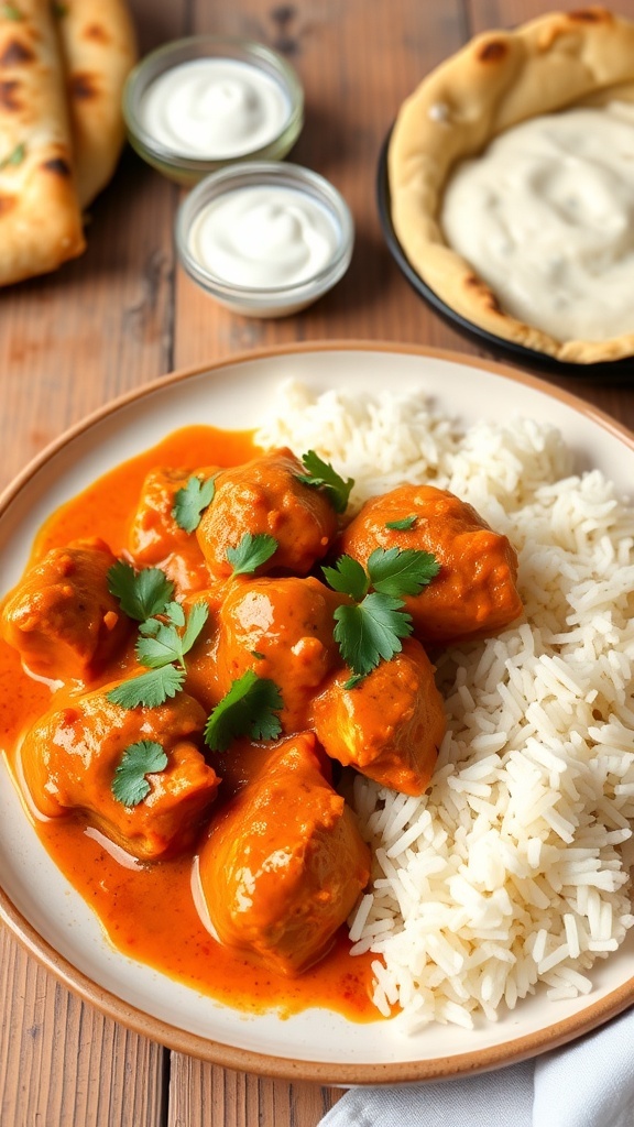 A delicious serving of butter chicken with rice and naan, garnished with cilantro.